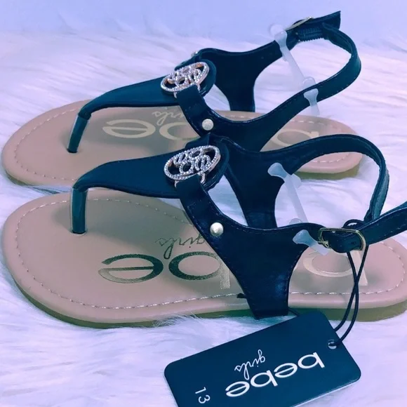 NWT Bebe Girls Black Shiny Bling Rhinestone Princess Thong Ankle Strap Sandals - Picture 1 of 4
